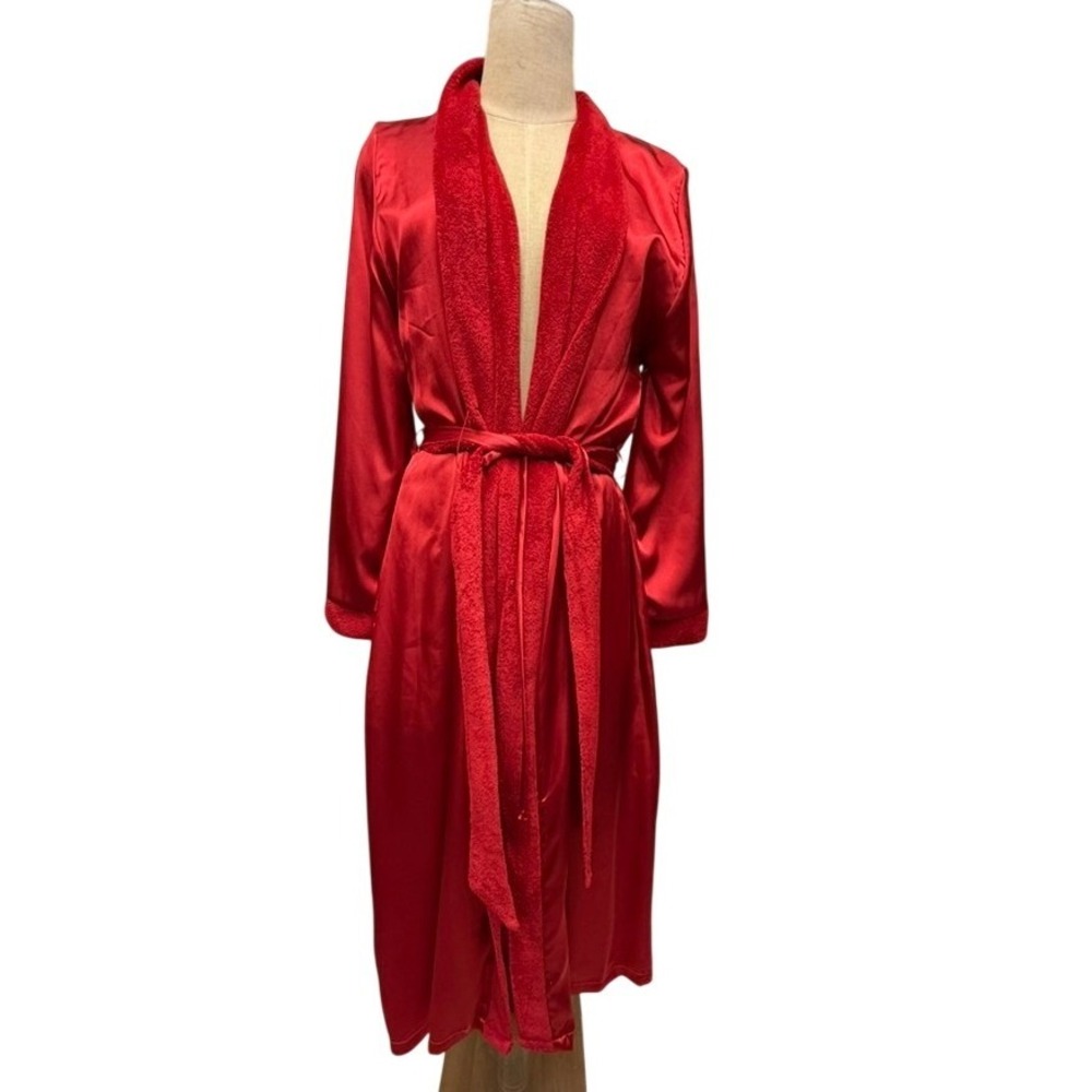 "Jones New York" Red Satin Robe with‎ Plush Trim Loungewear Size S/M Fleece Soft